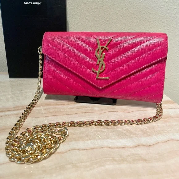 ❌SOLD❌AUTHENTIC YSL Saint Laurent Leather Wallet on Chain WOC Hot Pink Crossbody - Picture 1 of 9